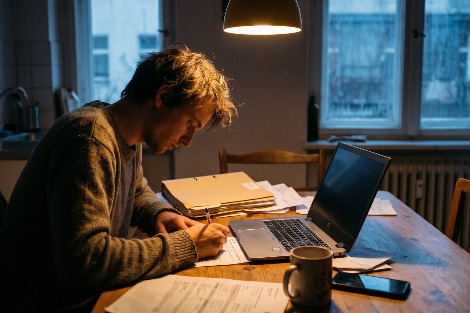A young person at a kitchen table in evening lamplight fills in a paper form beside an open laptop and a folder.