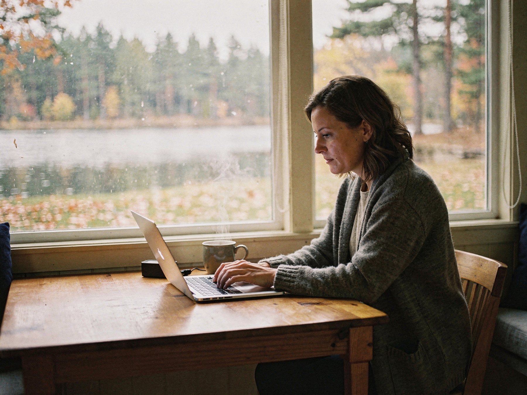 A woman working at a laptop beside a window overlooking a lake in autumn