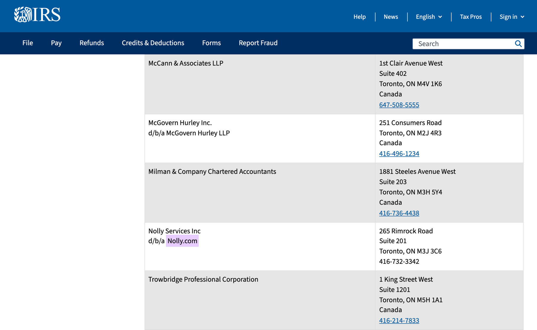 Excerpt of the IRS page Acceptance agents - Canada showing Nolly Services Inc d/b/a Nolly.com, 265 Rimrock Road, Suite 201, Toronto