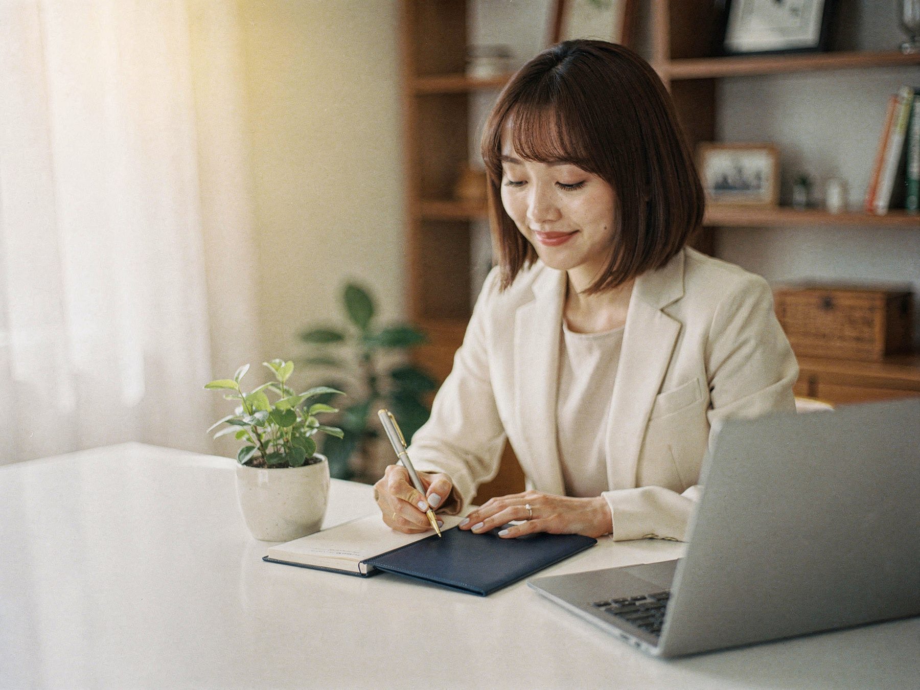 A consultant writing in her notebook at a bright desk