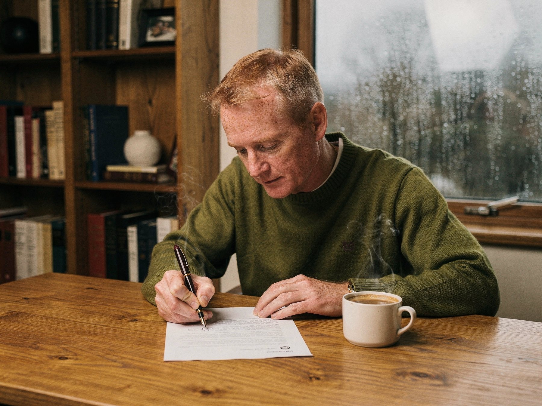A man at a study desk signing a document with a fountain pen