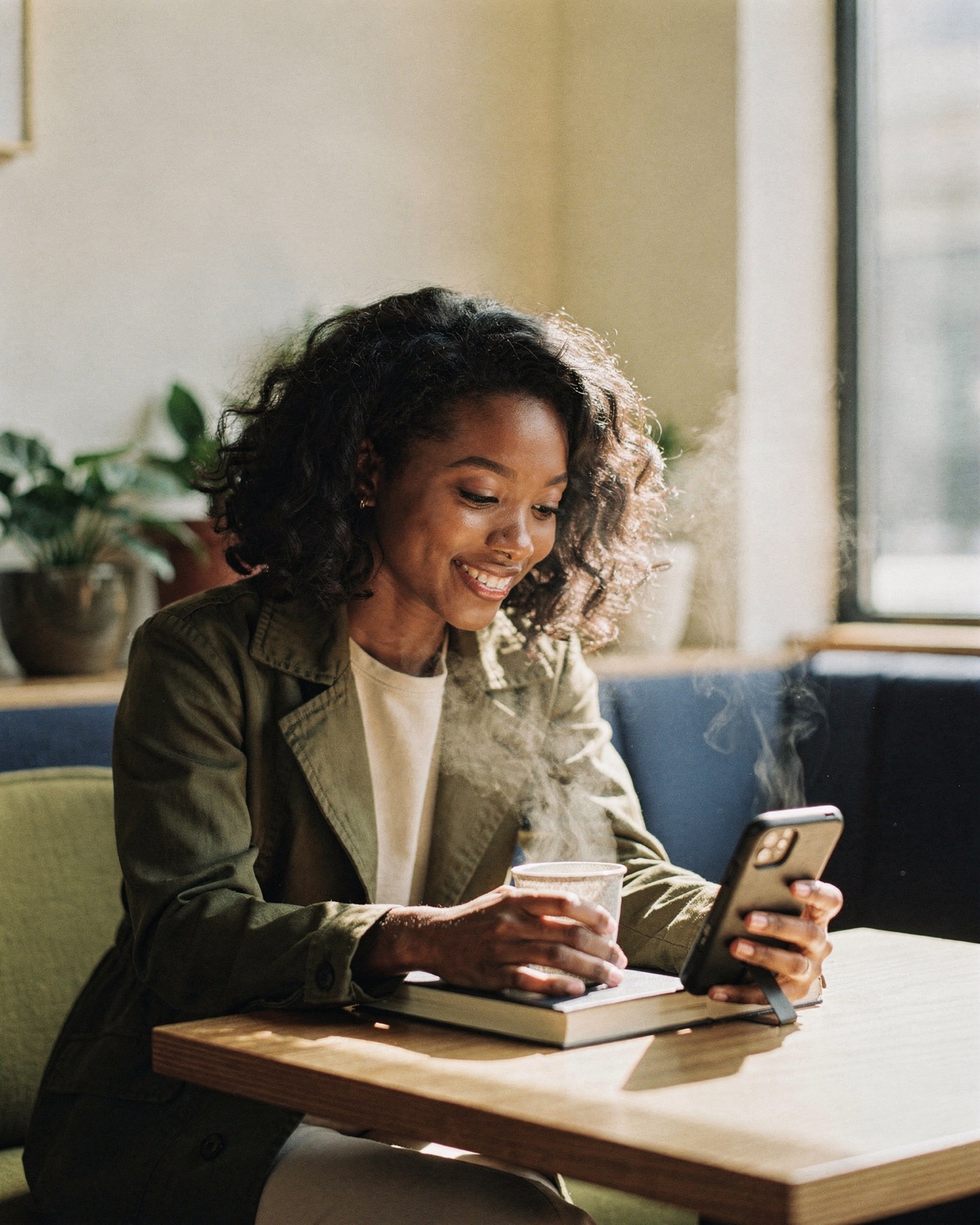 A young woman smiling as she talks on a video call from a sunny cafe table (illustrative photo)