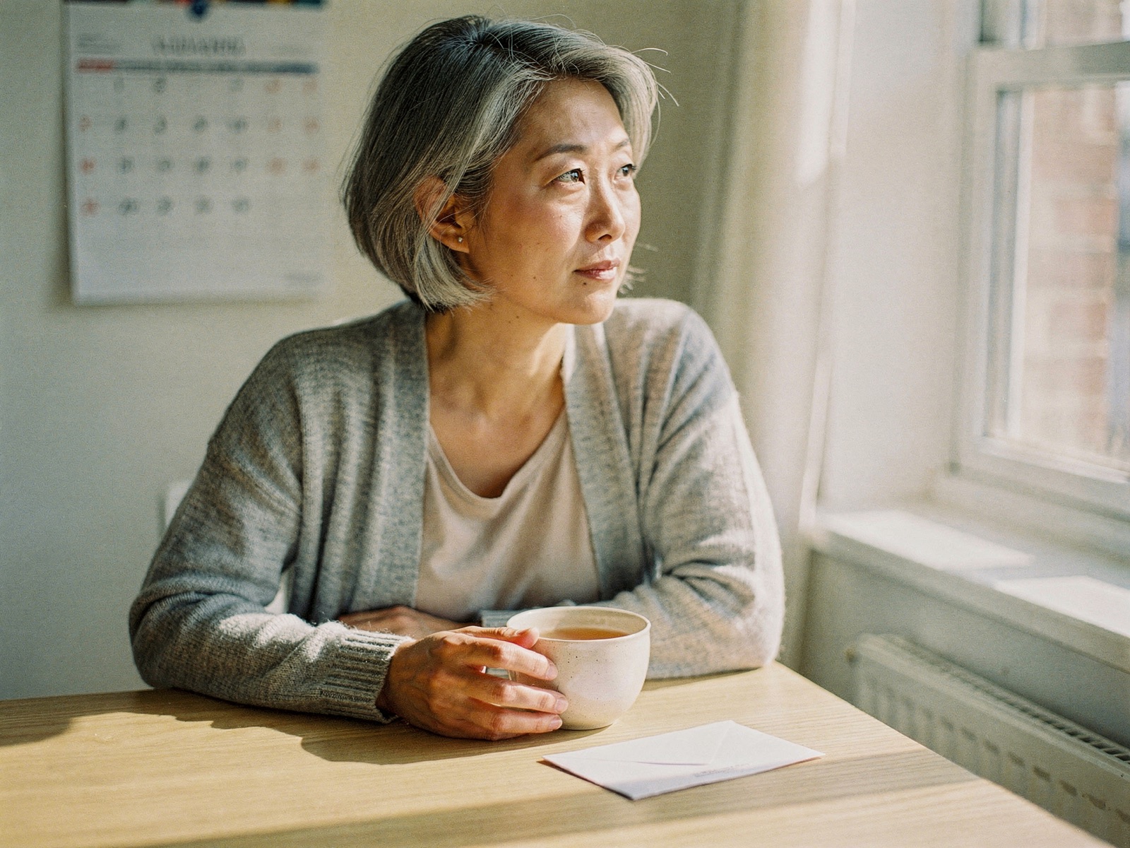 A woman at her kitchen table with a cup of tea and a plain envelope, looking out of the window (illustrative photo)